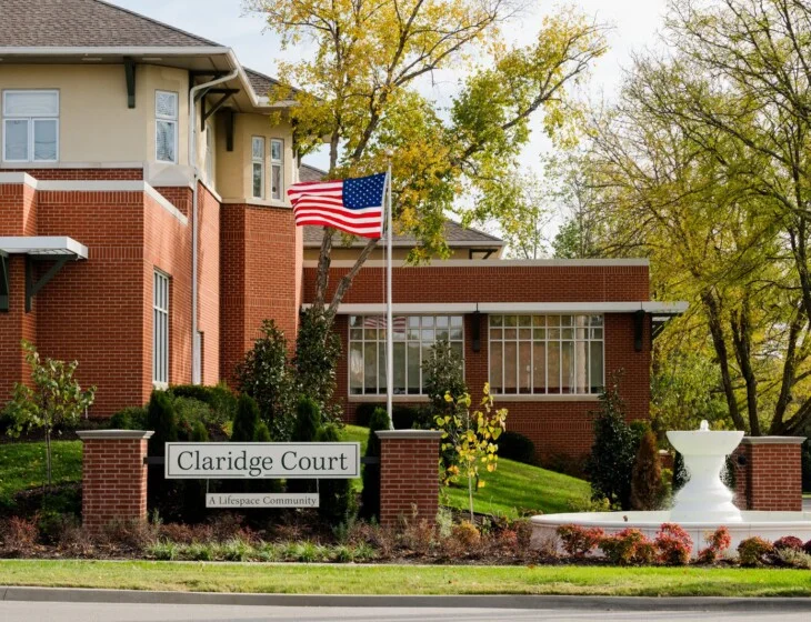 Claridge Court entrance sign and building exterior in Prairie Village, Kansas