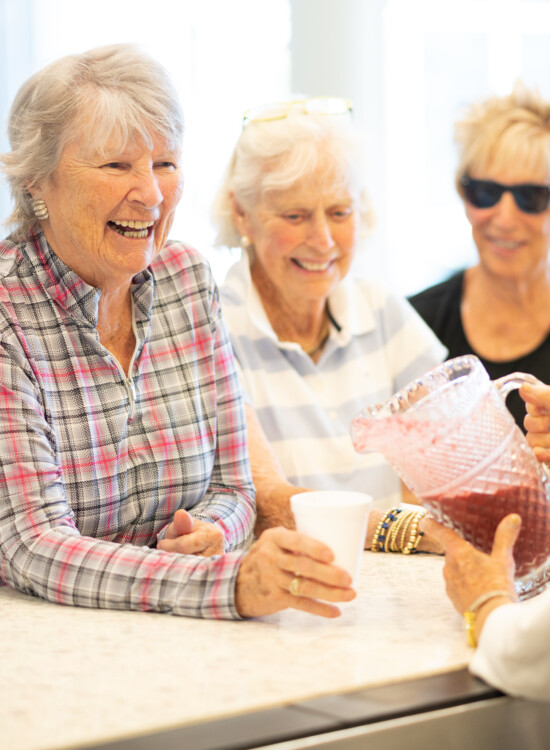 group of senior women smile and enjoy homemade smoothies