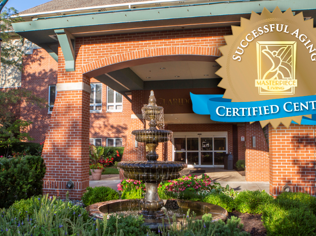 image of Claridge Court Senior Living Community entrance and fountain, overlaid with a badge denoting "Successful Aging, Certified Center" distinction