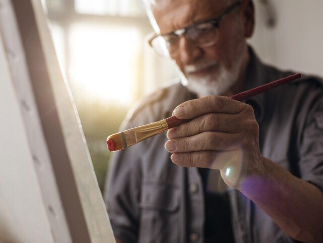 close-up of senior man with glasses painting a canvas